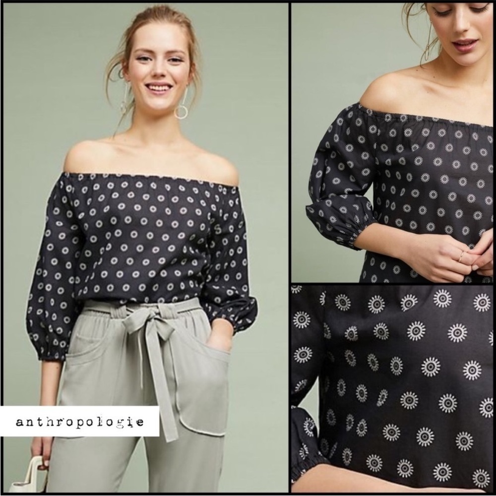 ANTHROPOLOGIE Maeve Navy Blue + White Maiden Off-The-Shoulder Blouse Size L30